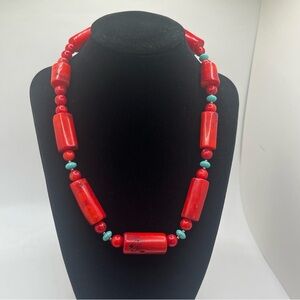 Vintage 925 sterling silver red coral turquoise bead necklace